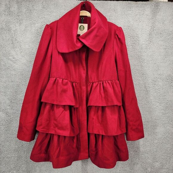 Velvet Heart Women's Size XL Red Wool‎ Blend Long Tiered Ruffle Coat Jacket - Picture 1 of 14
